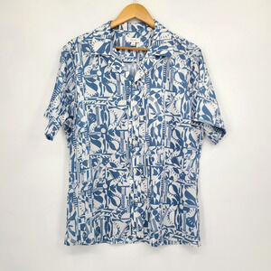 Reiss Short Sleeve Button Up Cuban Collar Blue Abstract Luxe Resortwear Size L